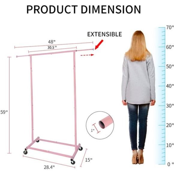 Standard Rod Simple Rolling Clothing Garment Rack, Metal Clothes Organizer, Pink - Picture 3 of 6